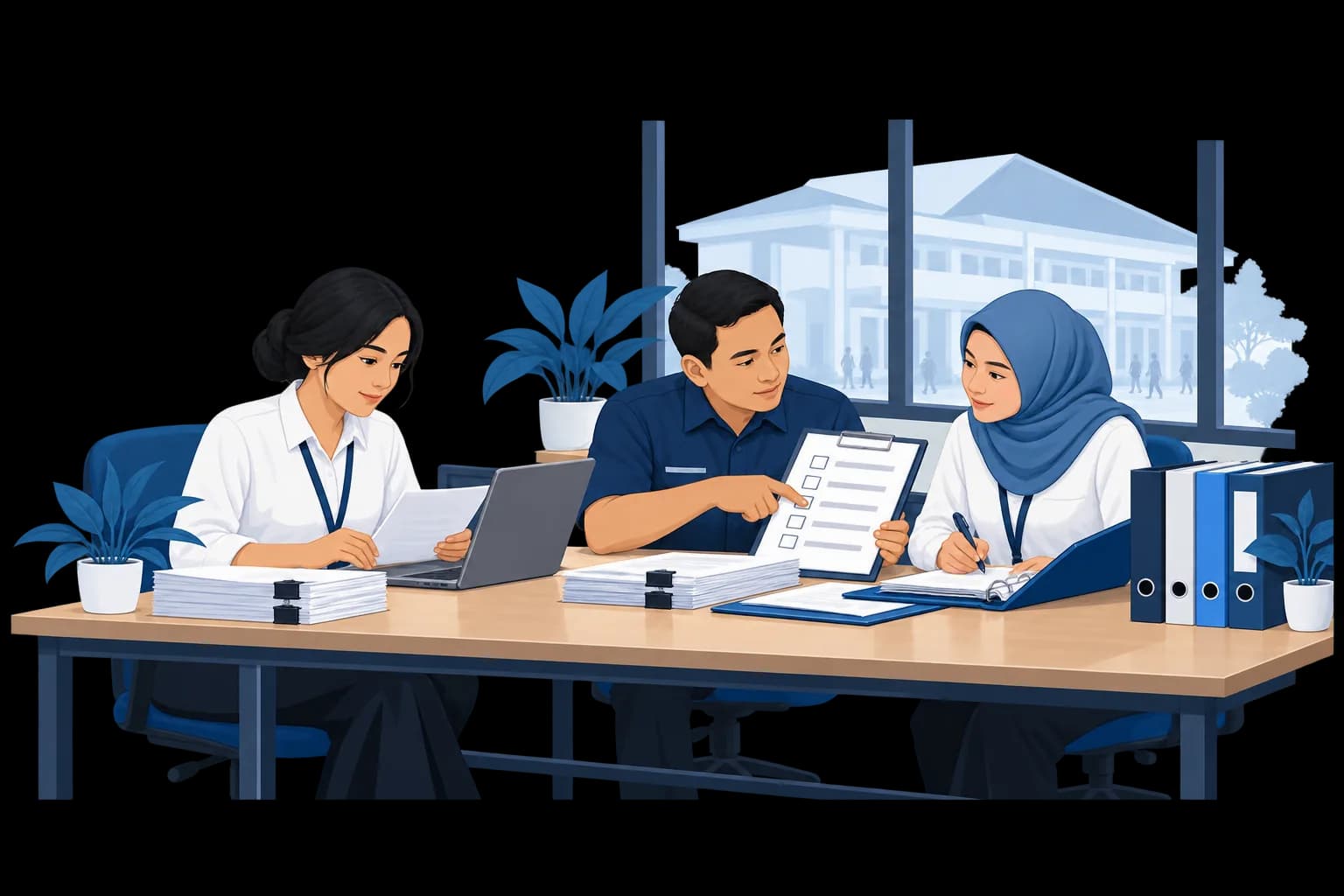 Tim monitoring meninjau kuesioner, daftar periksa, dan dokumen program bersama di ruang kerja balai.