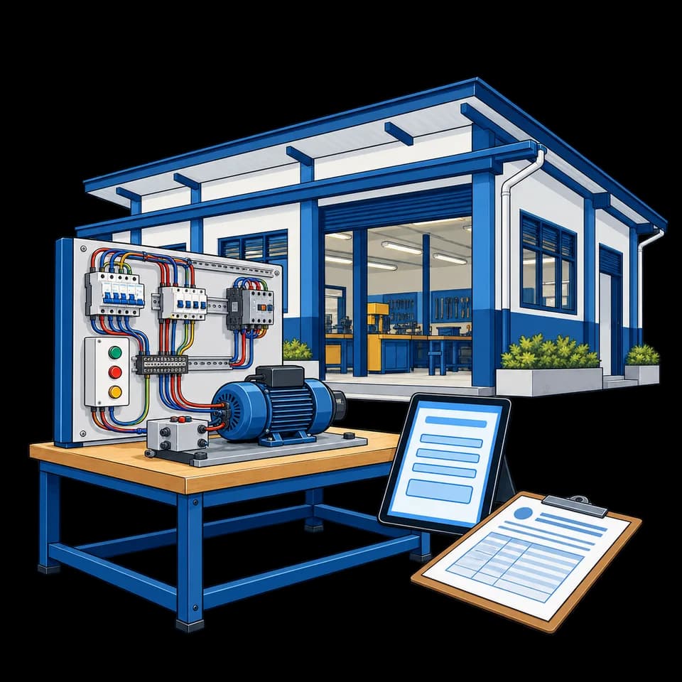 Ilustrasi balai pelatihan vokasi dengan panel praktik kelistrikan, tablet kuesioner, dan dokumen laporan.